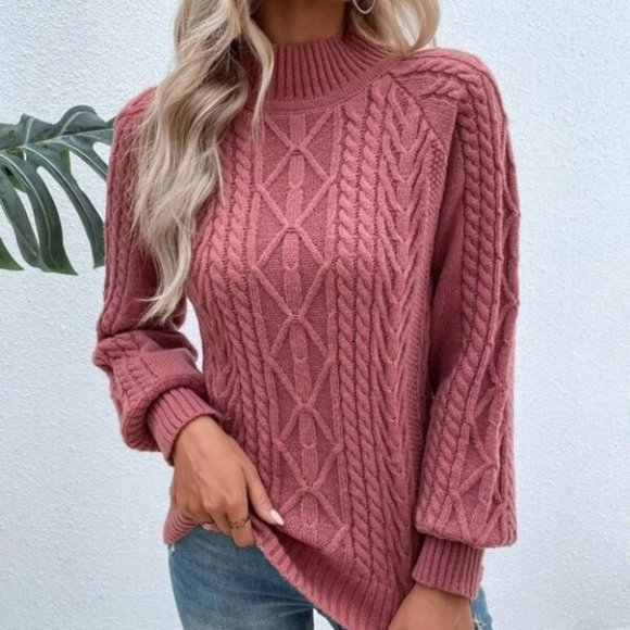 . Sweaters - PINK Mock Neck Cable Knit Raglan Sleeve Sweater